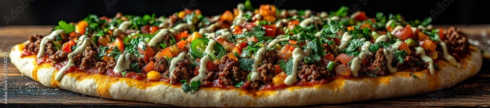 Close-up of a delicious pizza with ground beef vegetables and sauce. Generative AI Close-up of a delicious pizza with ground beef vegetables and sauce. Generative AI