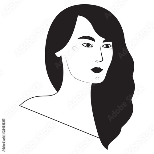 Black and white woman with long hair. Vector illustration.