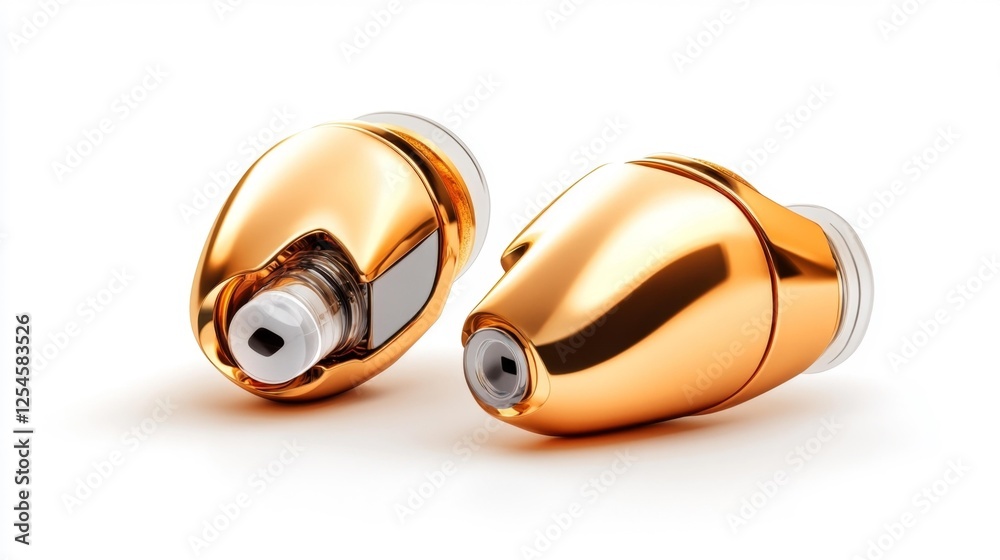 Fototapeta premium High-end golden wireless earbuds with premium design on white background. Generative AI