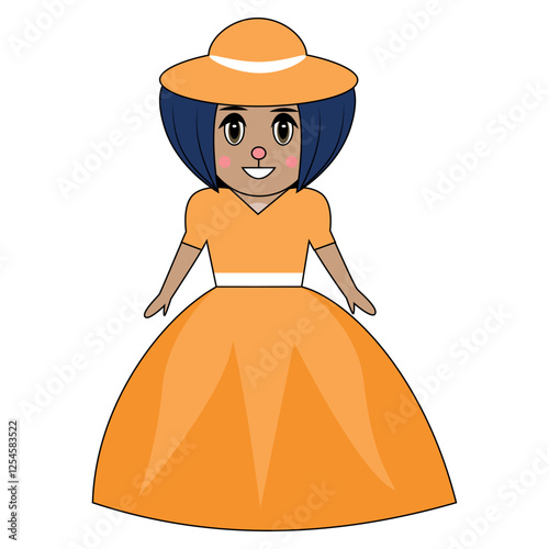 Cartoon mouse dressed in a bright orange gown with a blue hat.