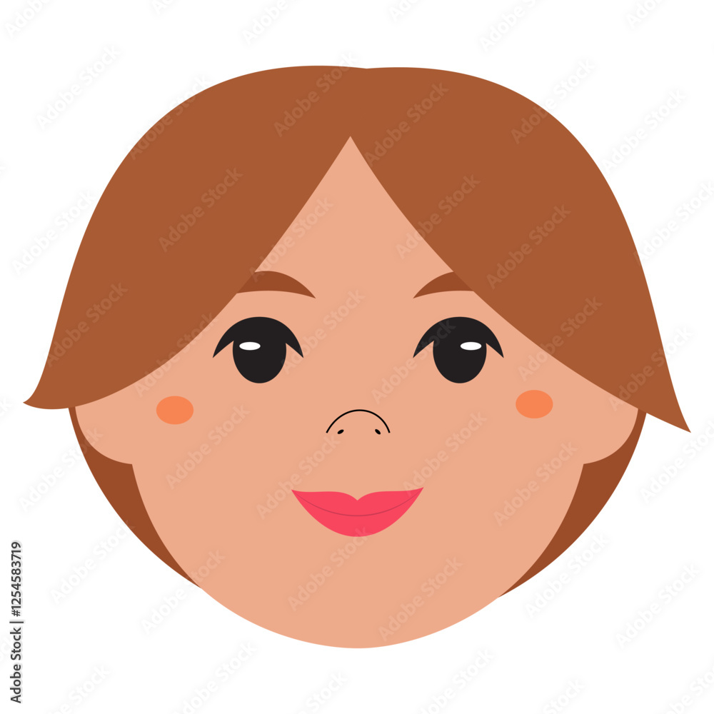 Smiling cartoon face of a woman with short brown hair.