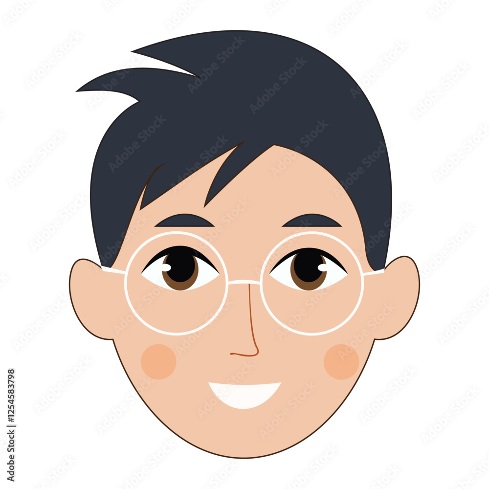 Cartoon illustration of a boy with glasses and short black hair. Cartoon illustration of a boy with glasses and short black hair.