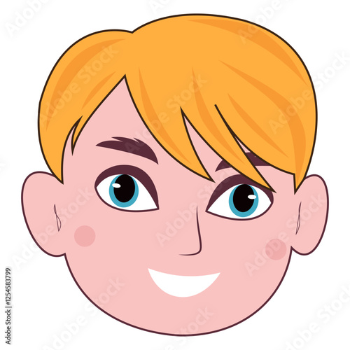 Cartoon illustration of a smiling boy with bright blond hair.
