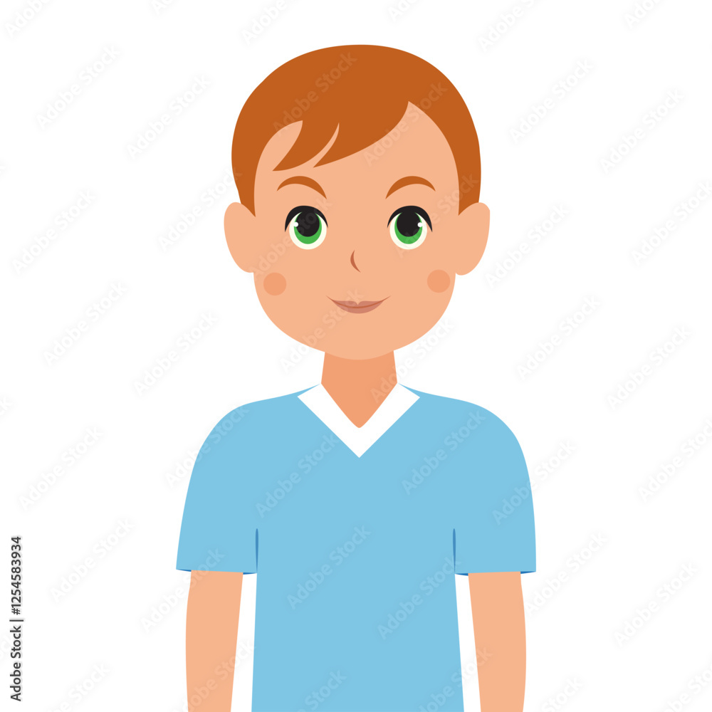 Smiling boy with brown hair wearing a blue shirt and green eyes. Smiling boy with brown hair wearing a blue shirt and green eyes.