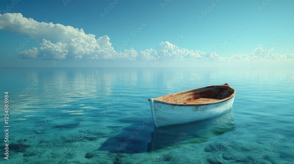 Naklejka premium Tranquil boat floating on crystal-clear water under a bright blue sky with soft clouds