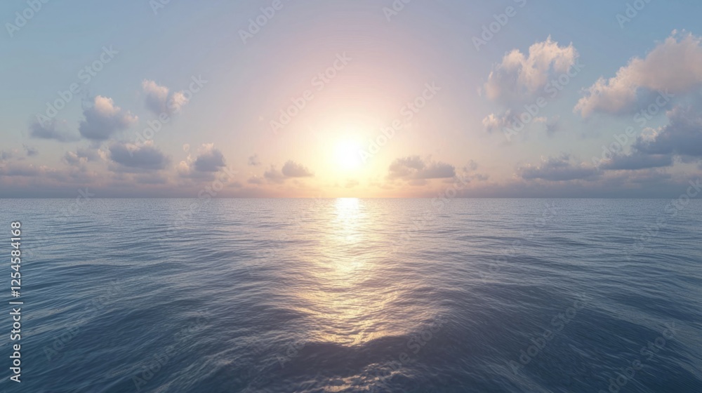 Serene Sunset Over Calm Ocean Waters with Soft Clouds in Sky Serene Sunset Over Calm Ocean Waters with Soft Clouds in Sky