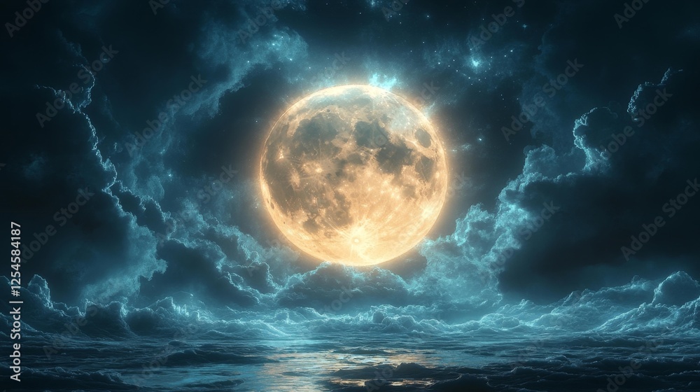 Majestic Full Moon Rising Over the Ocean with Clouds. Generative AI Majestic Full Moon Rising Over the Ocean with Clouds. Generative AI