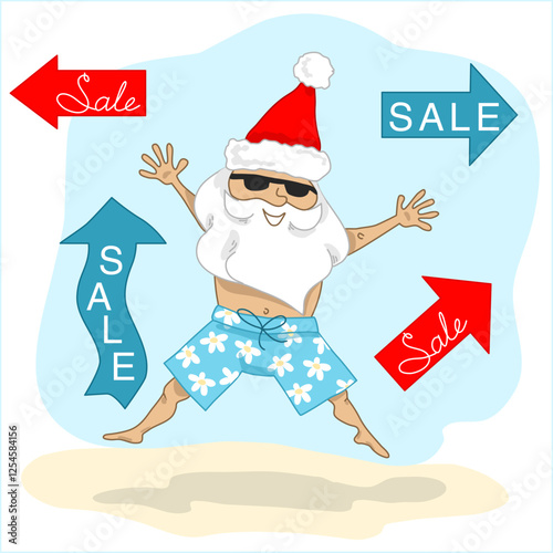 Santa is resting at sea. Seasonal sale. Discount banner. Santa rejoices at discounts