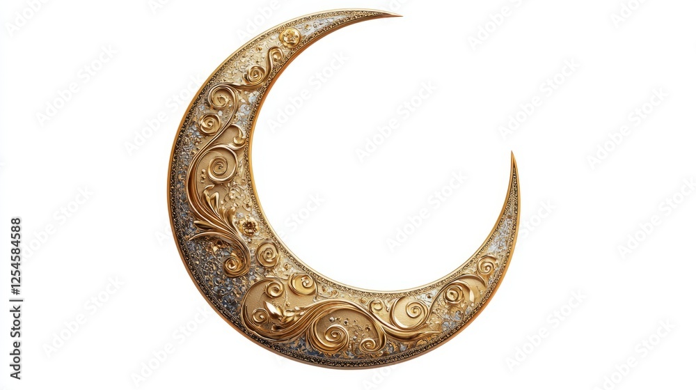 Elegant golden moon with Islamic motifs, isolated on a clean white background, symbolizing Ramadan
