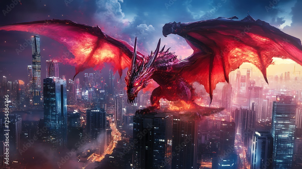 Obraz premium Crimson Dragon Over Metropolis: A Fantasy Cityscape