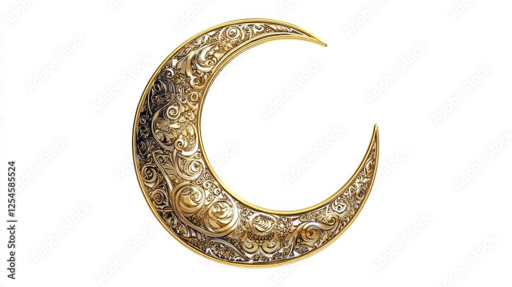 Elegant golden moon with Islamic motifs, isolated on a clean white background, symbolizing Ramadan