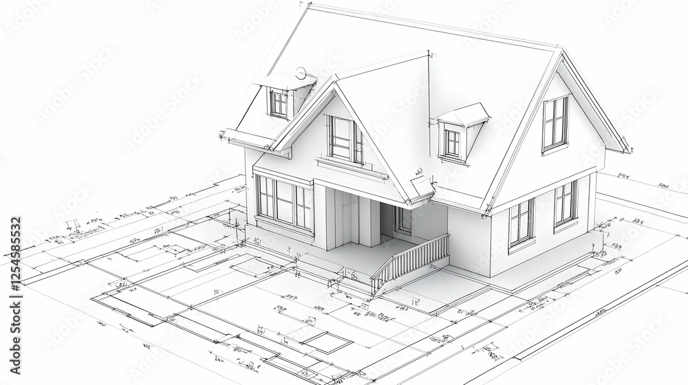 Fototapeta premium 3D House Architectural Blueprint Illustration