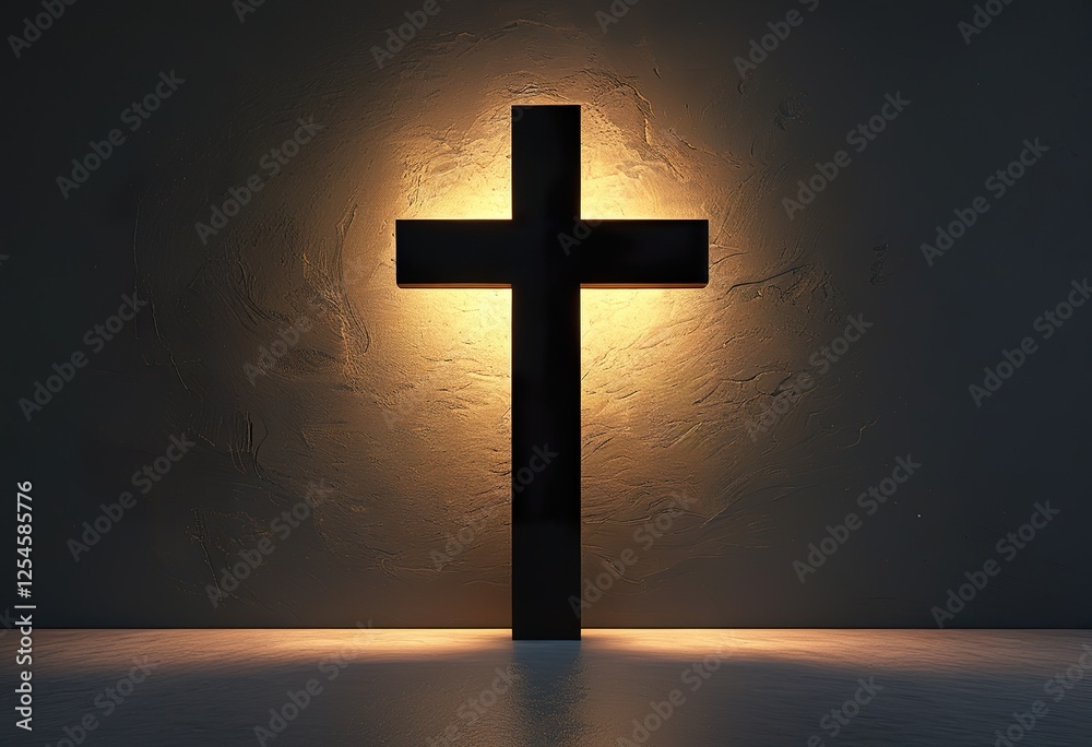 Naklejka premium A simple, backlit cross stands against a dark textured wall, illuminated by a warm light. The scene evokes feelings of faith, hope, and spirituality