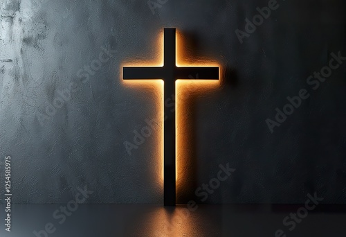 A simple, backlit cross stands against a dark textured wall, illuminated by a warm light. The scene evokes feelings of faith, hope, and spirituality
