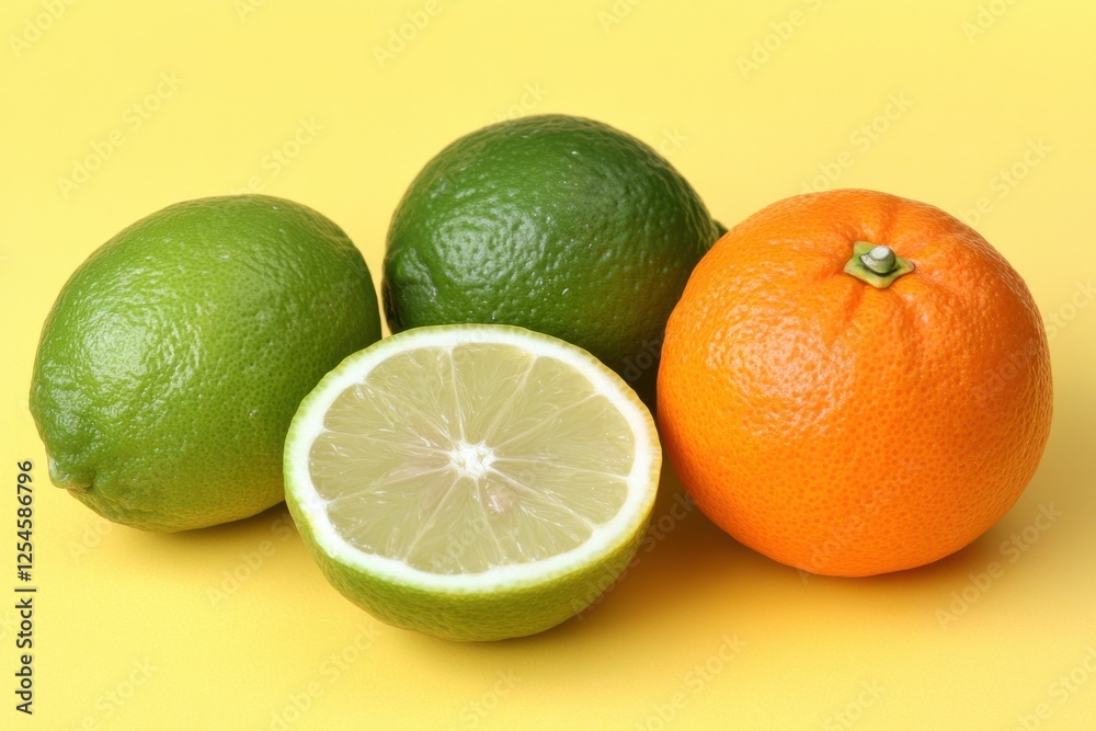 Fresh Citrus Fruits on Bright Yellow Background with Shadows Fresh Citrus Fruits on Bright Yellow Background with Shadows