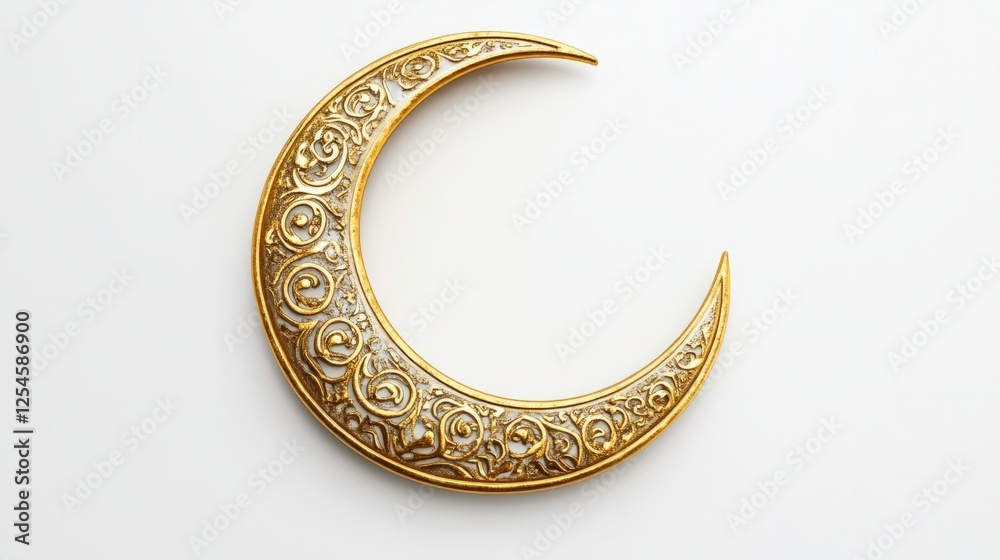Elegant golden moon with Islamic motifs, isolated on a clean white background, symbolizing Ramadan