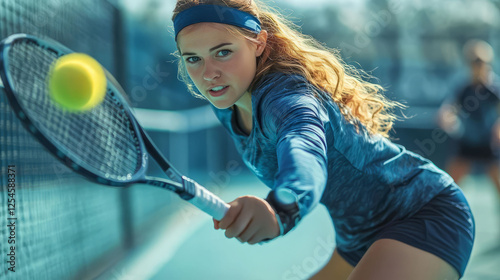 Young female tennis player in action on a court, intensely focused on the game.