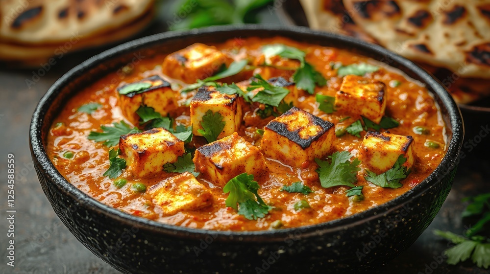 Delicious paneer curry served in a rustic bowl, garnished with fresh herbs, alongside flatbreads Delicious paneer curry served in a rustic bowl, garnished with fresh herbs, alongside flatbreads