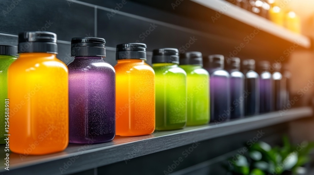 Colorful Bottles with Gradient Liquid on Shelf in Modern Interior. Generative AI Colorful Bottles with Gradient Liquid on Shelf in Modern Interior. Generative AI