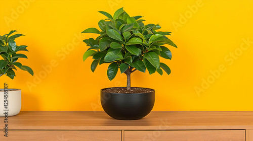 Obraz na płótnie Vibrant Yellow Background with Potted Plant Illustration w salonie