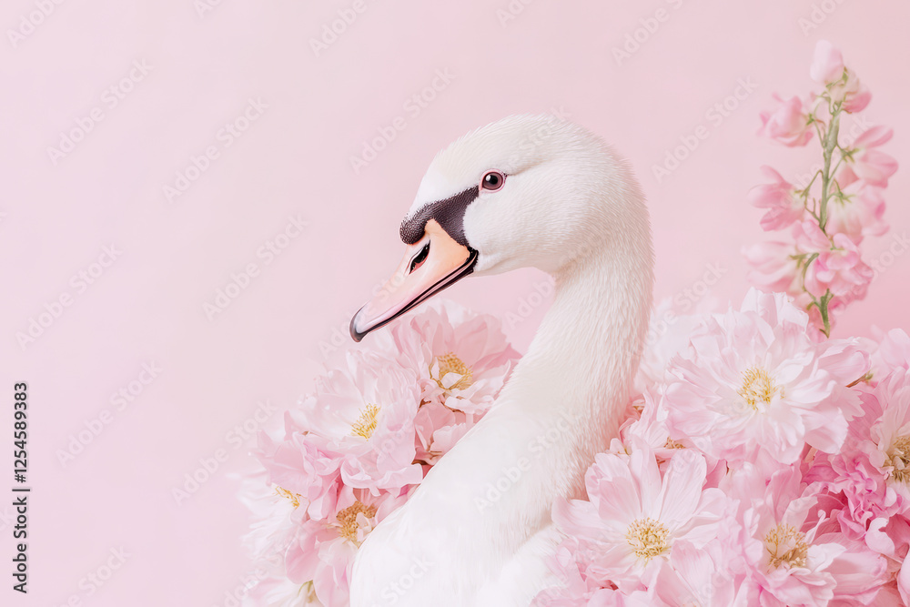 Fototapeta premium Elegant swan surrounded by delicate pink flowers in soft pastel background for serene nature scene