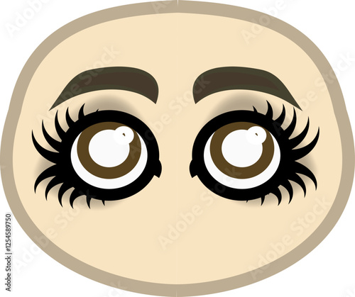 Vector illustration of eyes with makeup, no hair, exaggerated lashes fan out dramatically and brown brows