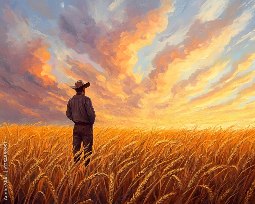 Fototapeta premium A contemplative figure stands amidst a golden wheat field, gazing at a vibrant sunset sky filled with colorful clouds, evoking serene feelings of nature and reflection.