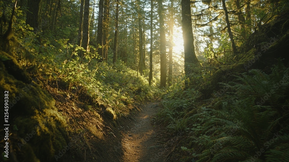 Obraz premium Sunlight Illuminates Forest Pathway Surrounded by Lush Greenery