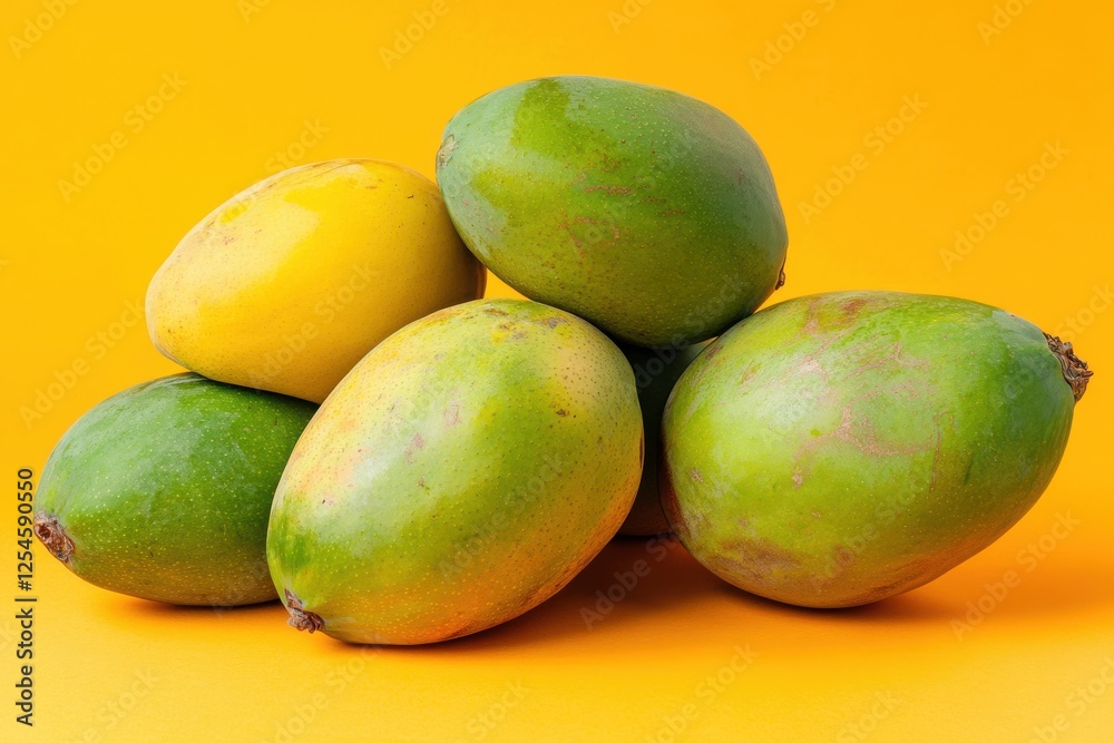 Fresh Mangoes and Papayas on Vibrant Orange Background with Space Fresh Mangoes and Papayas on Vibrant Orange Background with Space