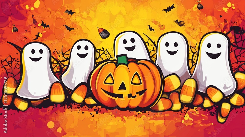 Fototapeta premium Whimsical Halloween Scene with Smiling Ghosts and a Bright Pumpkin Character