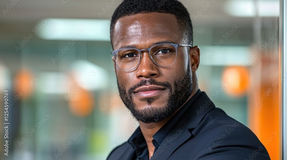 Obraz premium Smartly Dressed Corporate Executive with a Casual Flair Poses for Headshot Portrait in Modern Studio Setting Confident and Serious Professional Businessman with Eyeglasses Looks at