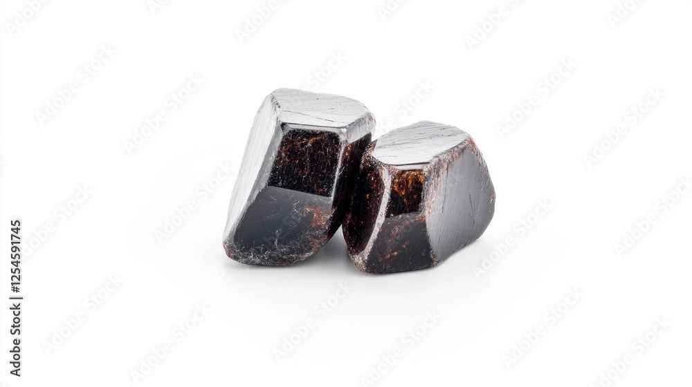 Two dark-colored mineral stones on an isolated white background. Generative AI Two dark-colored mineral stones on an isolated white background. Generative AI