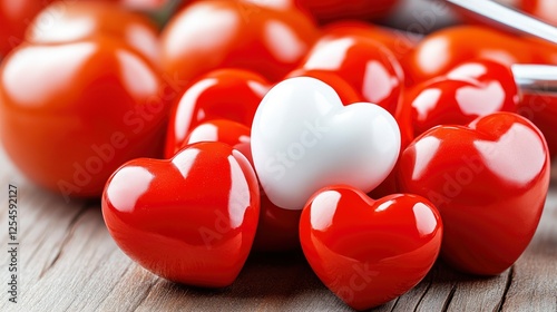 Red and White Hearts on Wooden Background Symbol of Love and Health