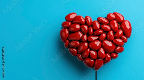 Red Heart Shaped Pebbles on Blue Background