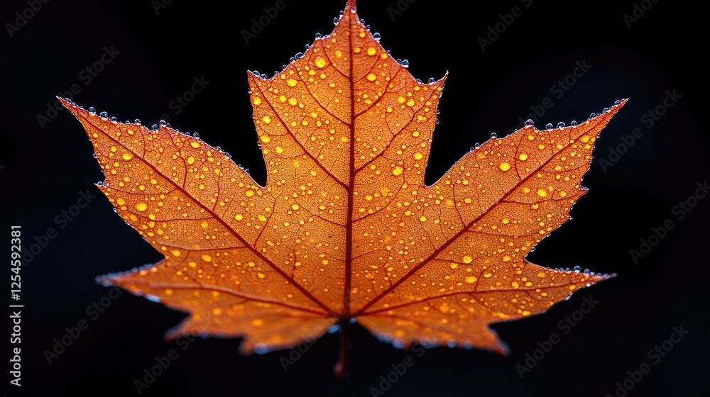 Close-up of a vibrant orange maple leaf covered in droplets against a dark background Close-up of a vibrant orange maple leaf covered in droplets against a dark background