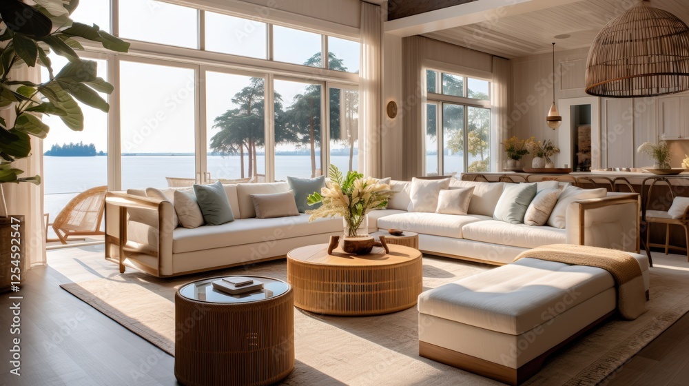 Fototapeta premium Serene Coastal Interior Design with Natural Light, Modern Furniture, and Inviting Atmosphere in a Stylish Home Setting