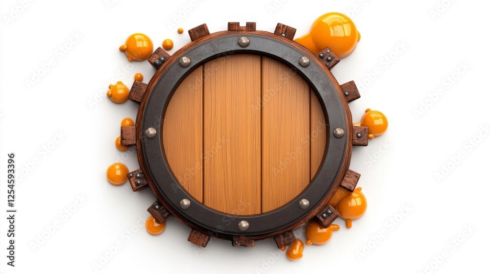 Naklejka premium Wooden Barrel with Orange Liquid Drops on White Background. Generative AI