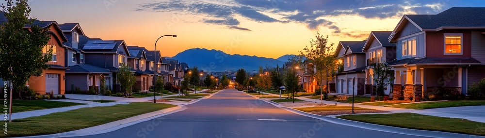 A serene suburban street at sunset, showcasing charming homes lined along a peaceful road A serene suburban street at sunset, showcasing charming homes lined along a peaceful road