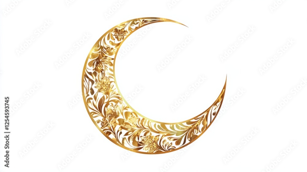 Stunning golden moon icon with traditional Islamic patterns, isolated on white, Ramadan festive design Stunning golden moon icon with traditional Islamic patterns, isolated on white, Ramadan festive design