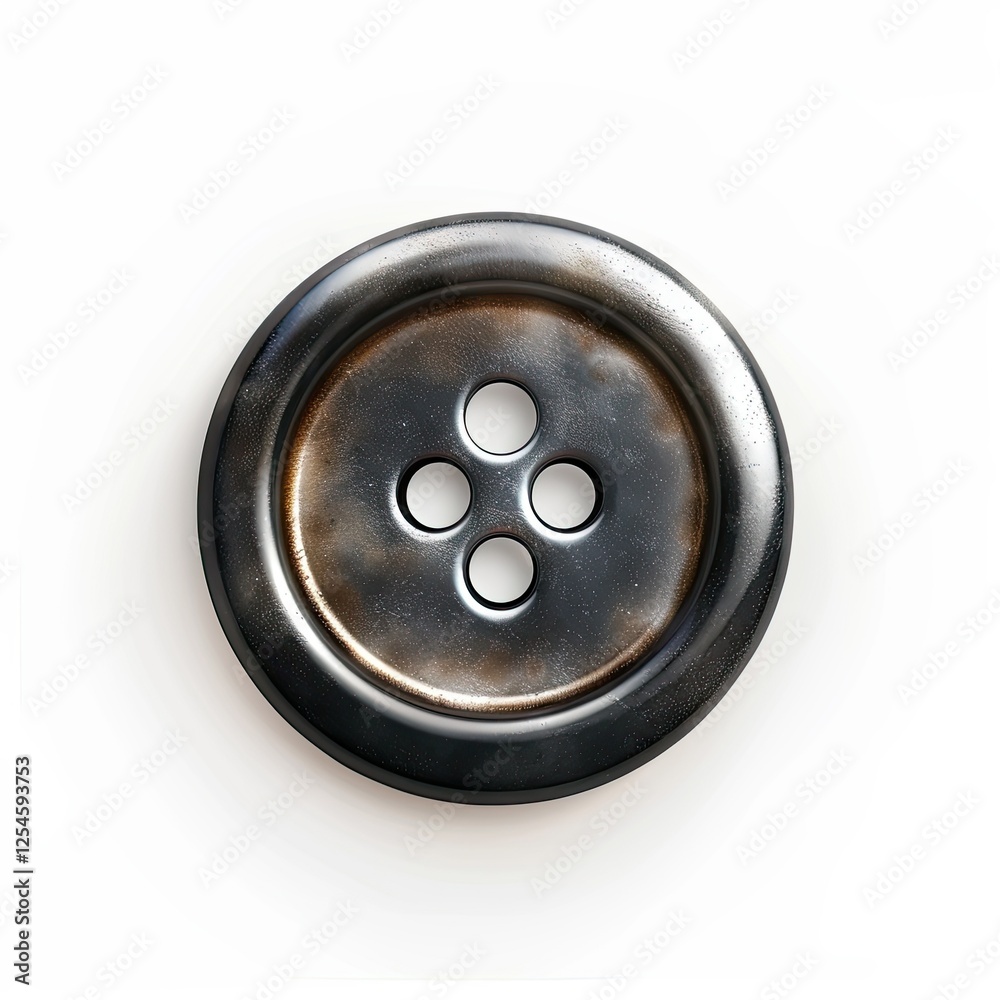 A round, four-holed button with a metallic sheen, typically used in clothing. isolated on white background A round, four-holed button with a metallic sheen, typically used in clothing. isolated on white background