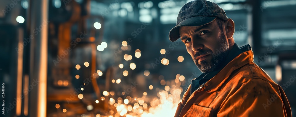 Obraz premium A skilled worker in an industrial environment, wearing protective gear and focused on his task. The scene is filled with sparks, illustrating the intensity of the work involved.