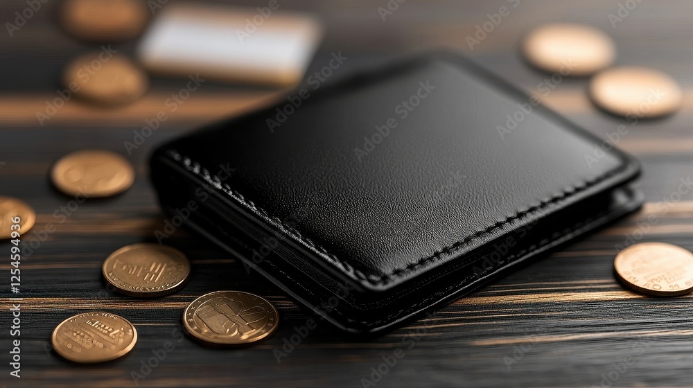 A stylish black wallet surrounded by coins, representing finance and personal wealth management. A stylish black wallet surrounded by coins, representing finance and personal wealth management.