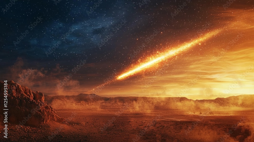 Fototapeta premium Fiery Meteor Shower Over a Barren Landscape at Dusk