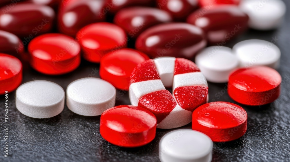 Close-up of Red and White Pills on Dark Surface Close-up of Red and White Pills on Dark Surface