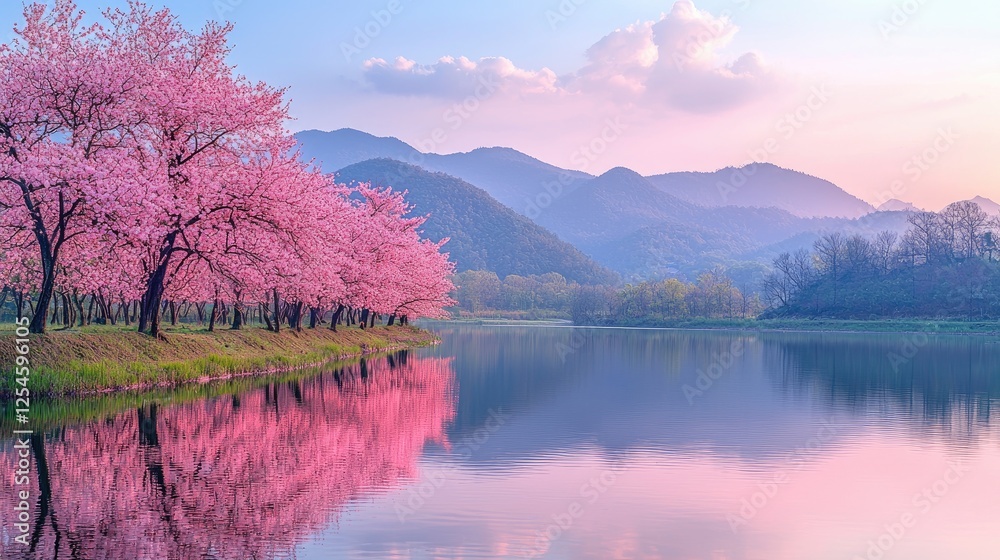 Serene landscape featuring cherry blossom trees by a tranquil lake at sunset with mountains Serene landscape featuring cherry blossom trees by a tranquil lake at sunset with mountains
