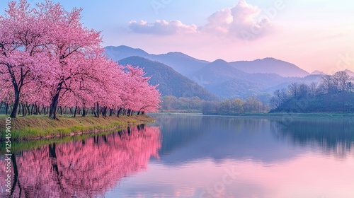 Fototapeta Naklejka Na Ścianę i Meble -  Serene landscape featuring cherry blossom trees by a tranquil lake at sunset with mountains