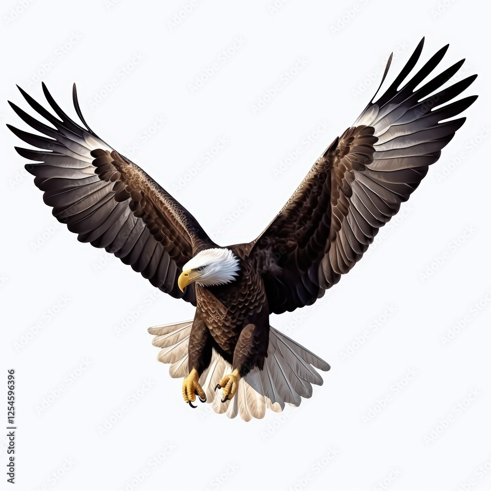 Obraz premium Majestic American Eagle in Flight with Detailed Feathers and Powerful Talons Against a Clean Background