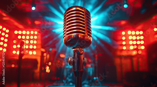 Vintage microphone in vibrant concert setting with colorful lights and energetic atmosphere