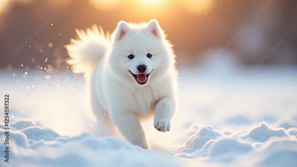 Obraz premium A fluffy Samoyed puppy races through fresh snow, its signature smile shining. The morning sun casts a golden glow, creating a perfect winter wonderland of joy and playfulness.