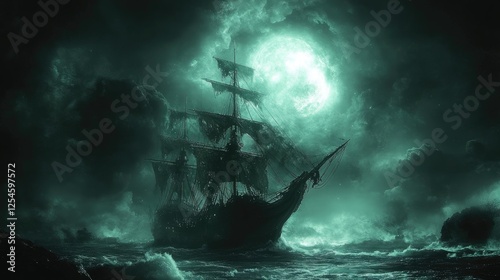 A ghostly ship sails through turbulent waters under a luminous full moon, evoking mystery photo